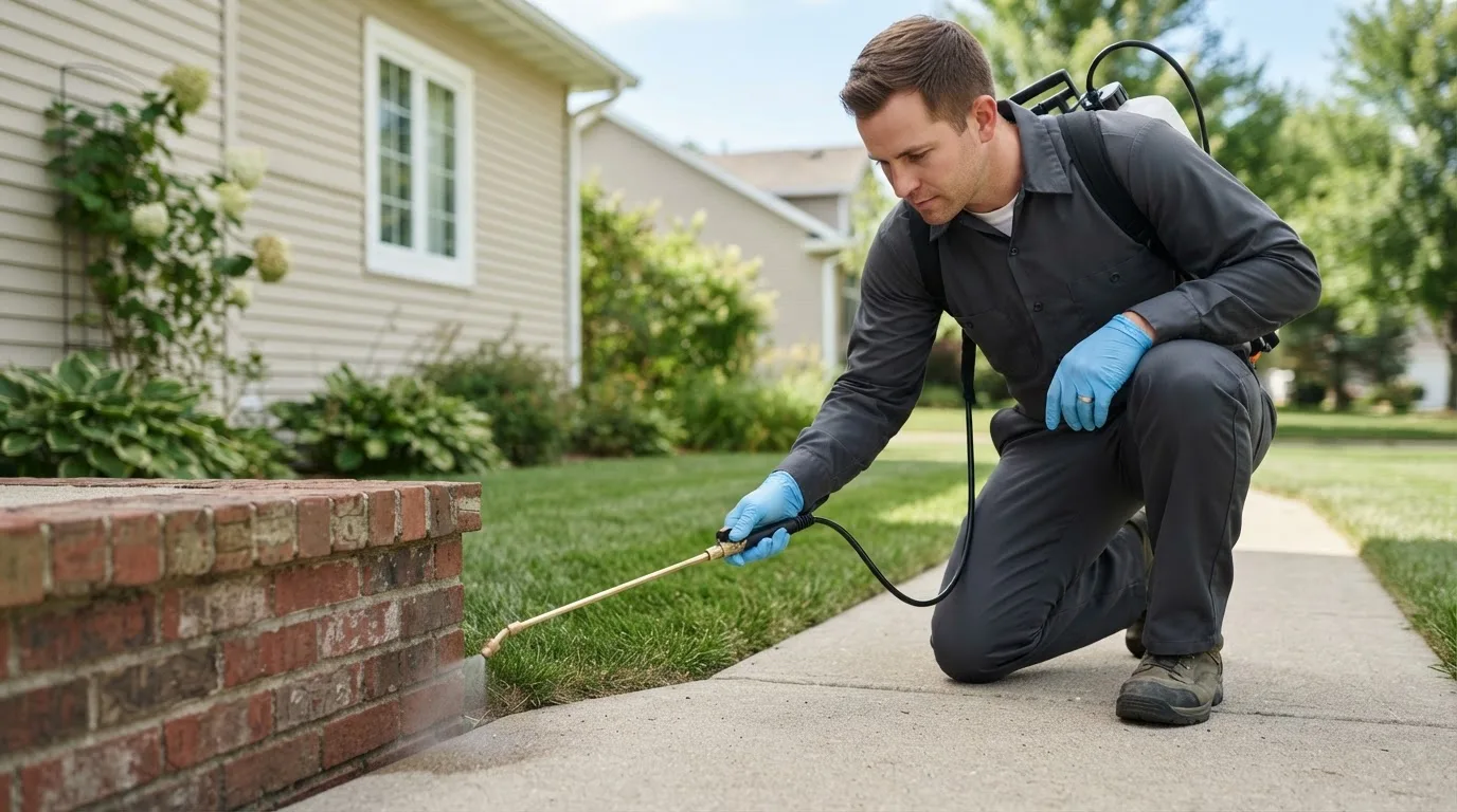 Pest control technician treating a home near Bellville, OH