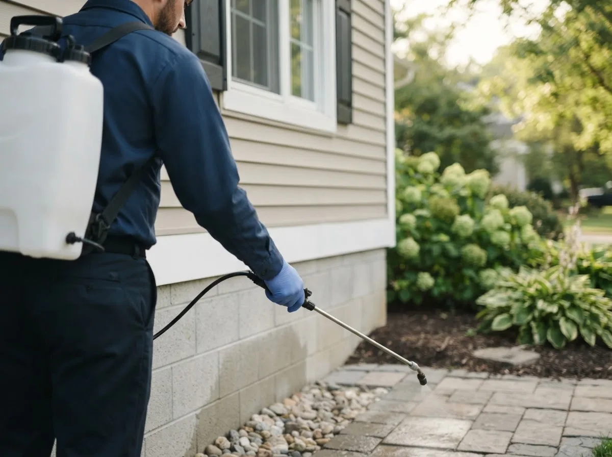 Pest control technician inspecting a home in Bellville, OH